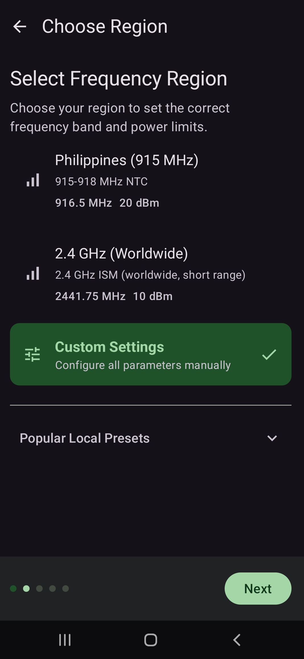 Columba Choose Region screen — frequency region presets with Custom Settings selected and a Next button