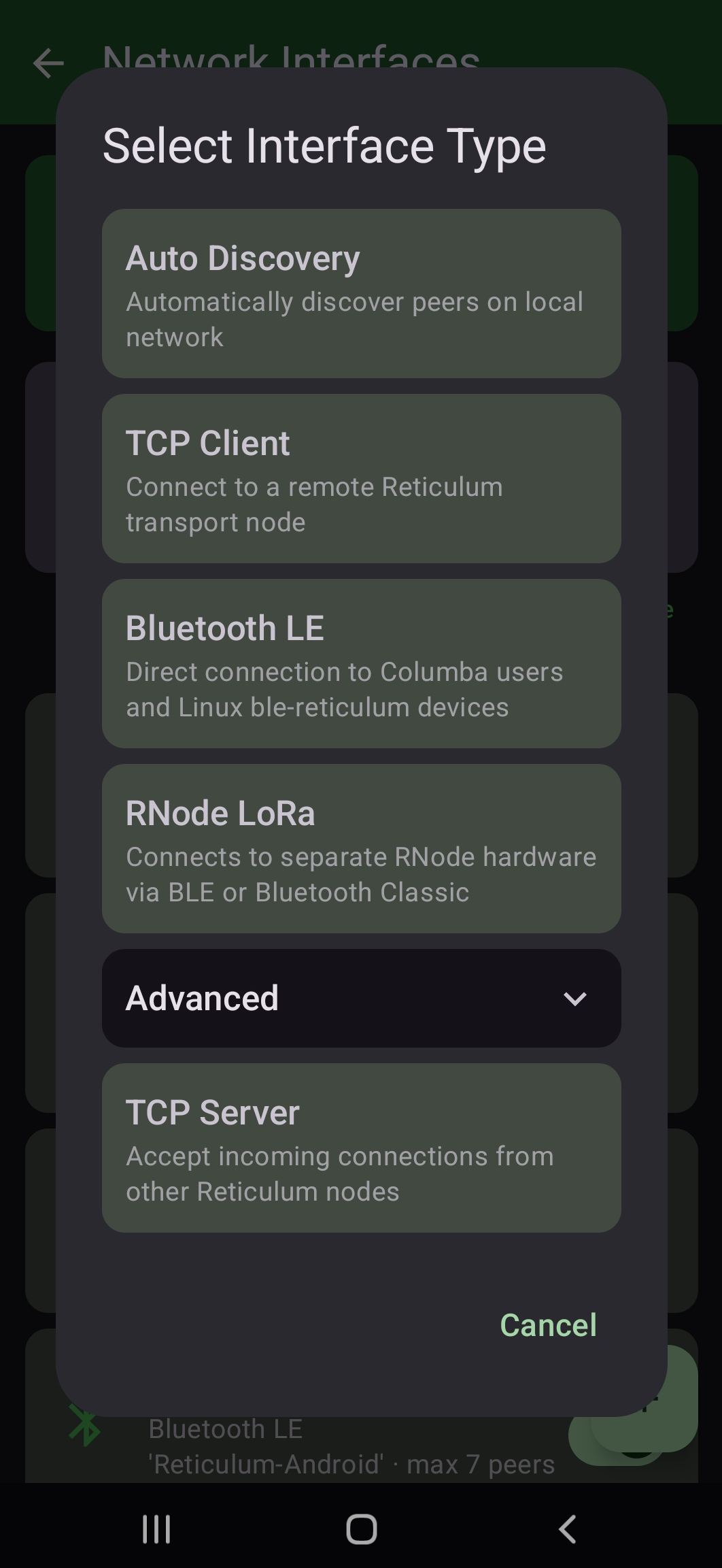 Columba Select Interface Type sheet — Auto Discovery, TCP Client, Bluetooth LE, RNode LoRa, Advanced and TCP Server options