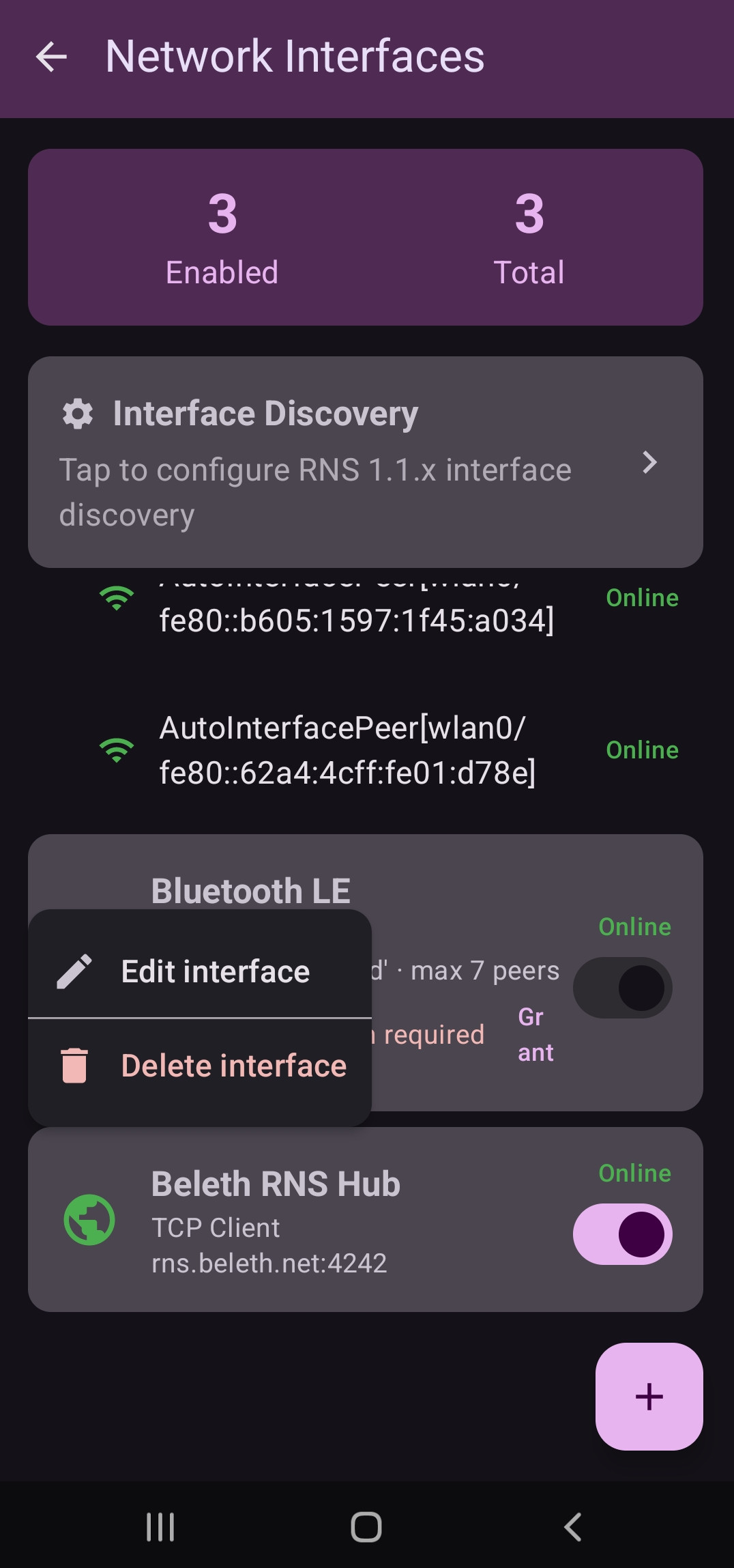 Columba Network Interfaces screen — 3 Enabled / 3 Total, Interface Discovery, auto-discovered peers, a Beleth RNS Hub TCP Client entry, and a long-press popup showing Edit interface and Delete interface