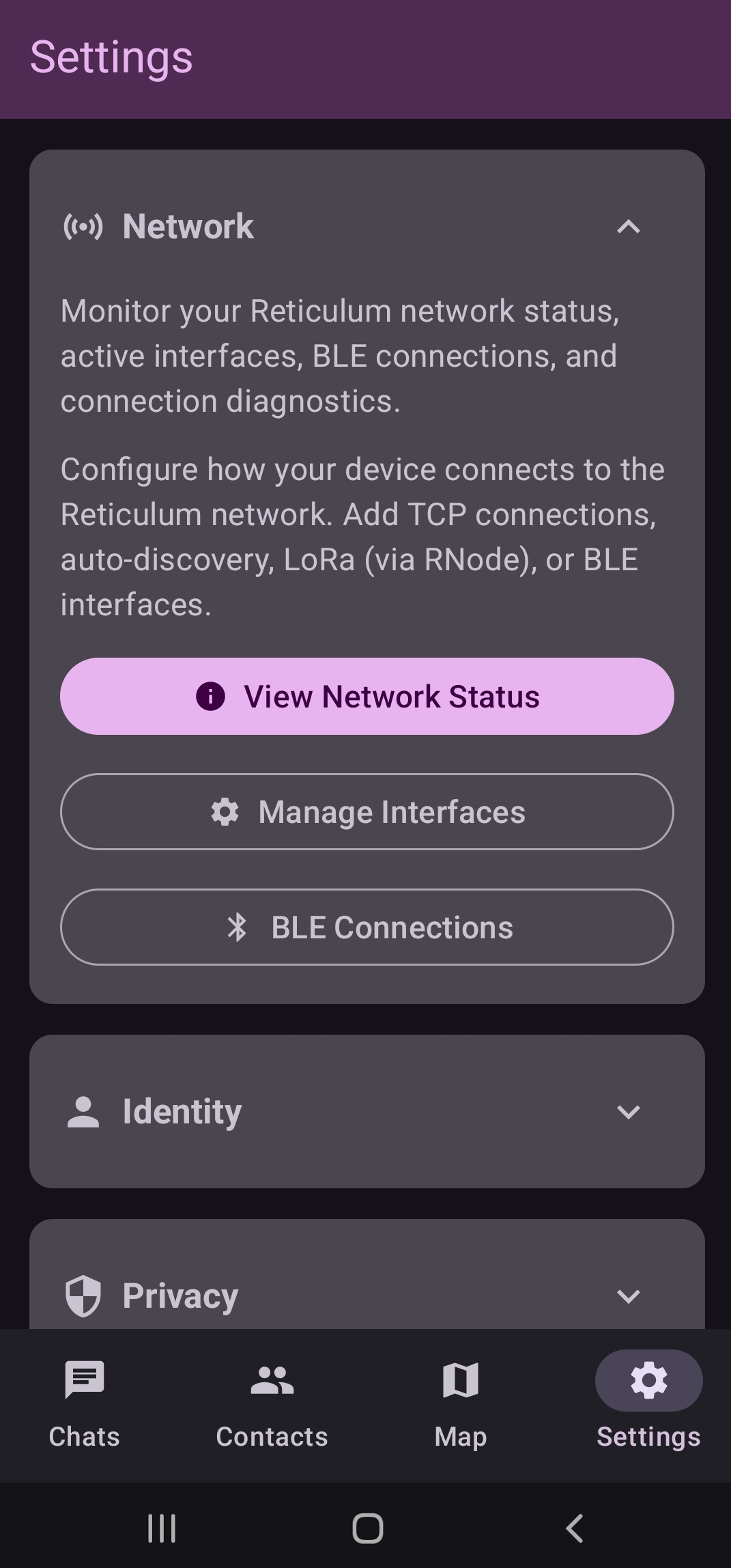 Columba Network section expanded — View Network Status, Manage Interfaces and BLE Connections buttons