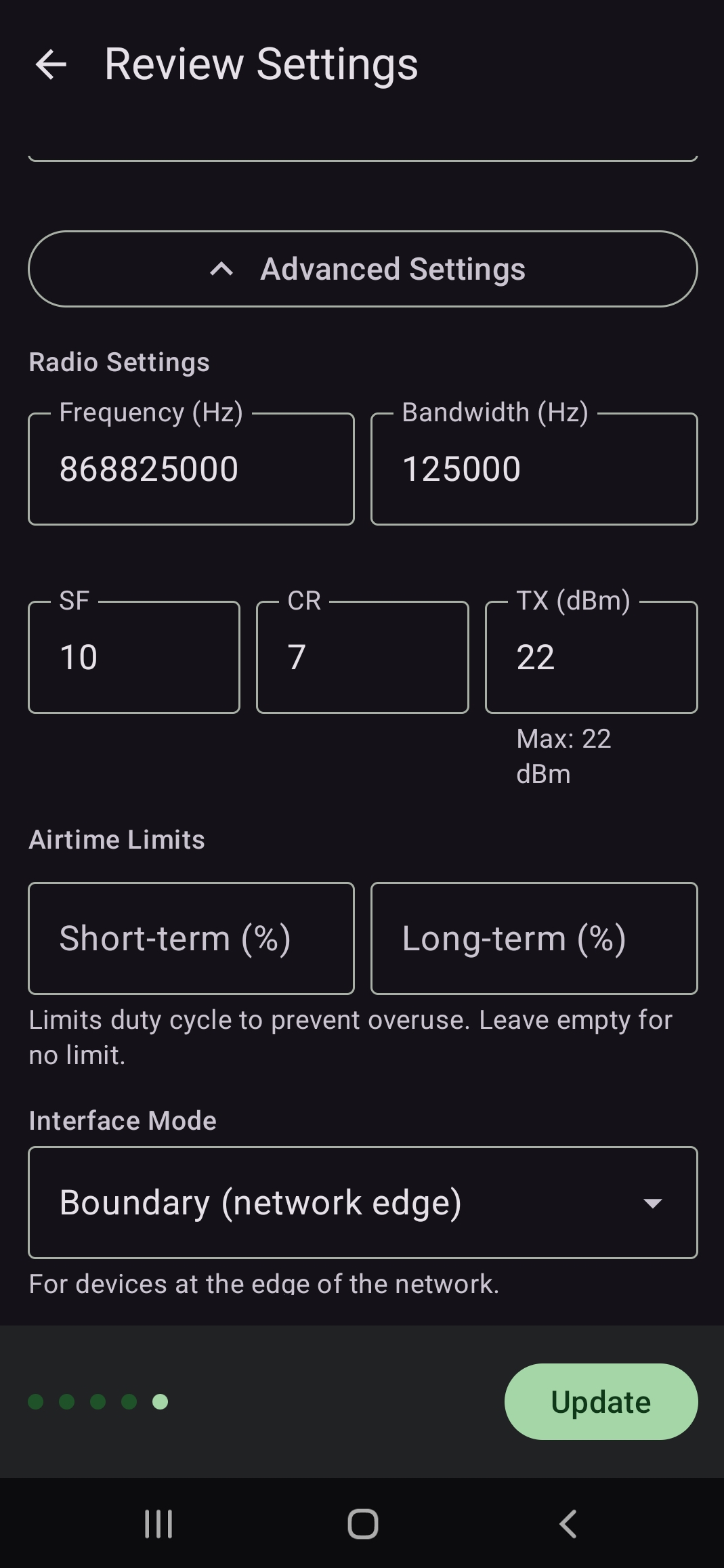 Columba Review Settings radio screen — Frequency 868825000 Hz, Bandwidth 125000 Hz, SF 10, CR 7, TX 22 dBm (Max 22), Airtime Limits, and Interface Mode set to Boundary