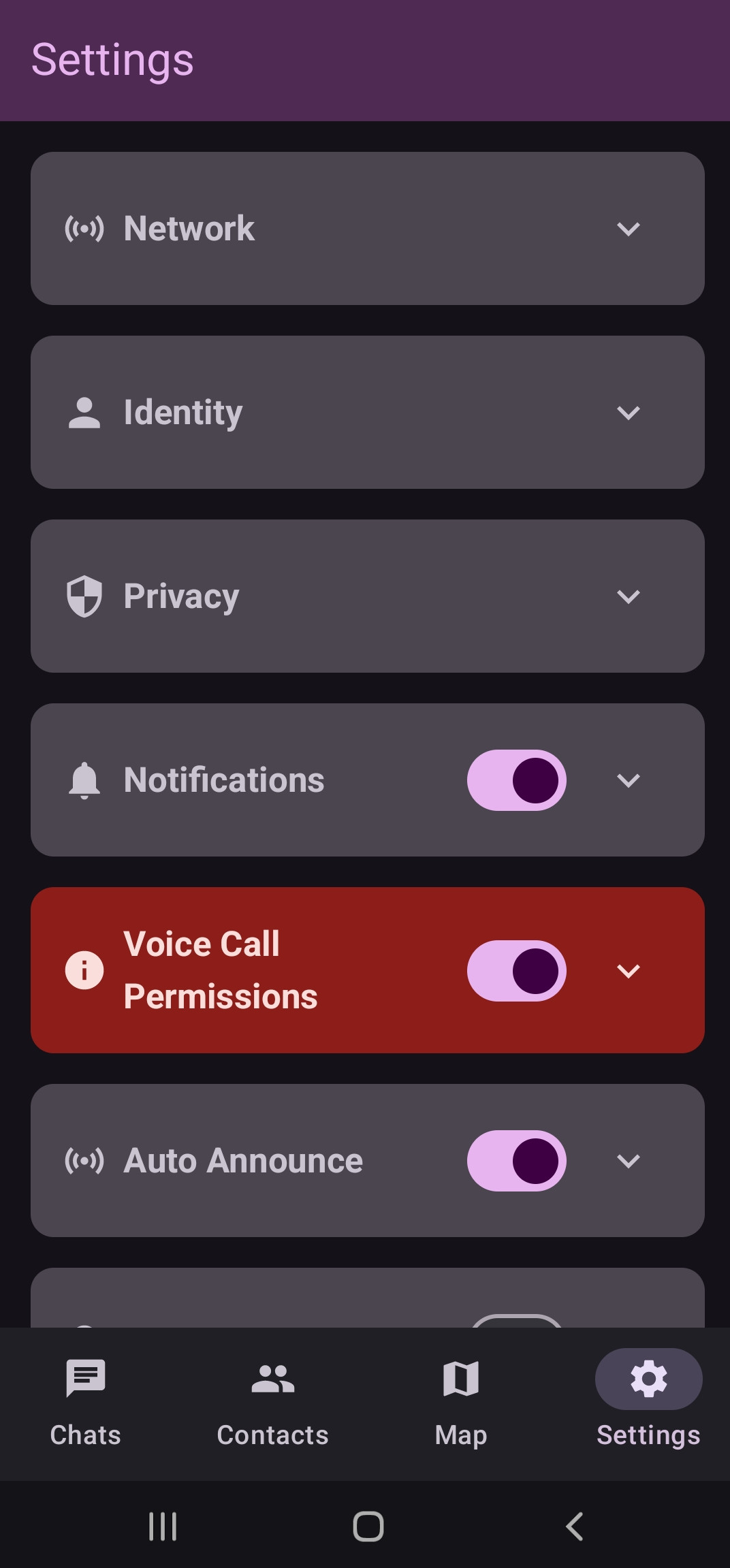 Columba Settings screen — Network, Identity, Privacy, Notifications, Voice Call Permissions and Auto Announce sections, with Chats / Contacts / Map / Settings tabs along the bottom