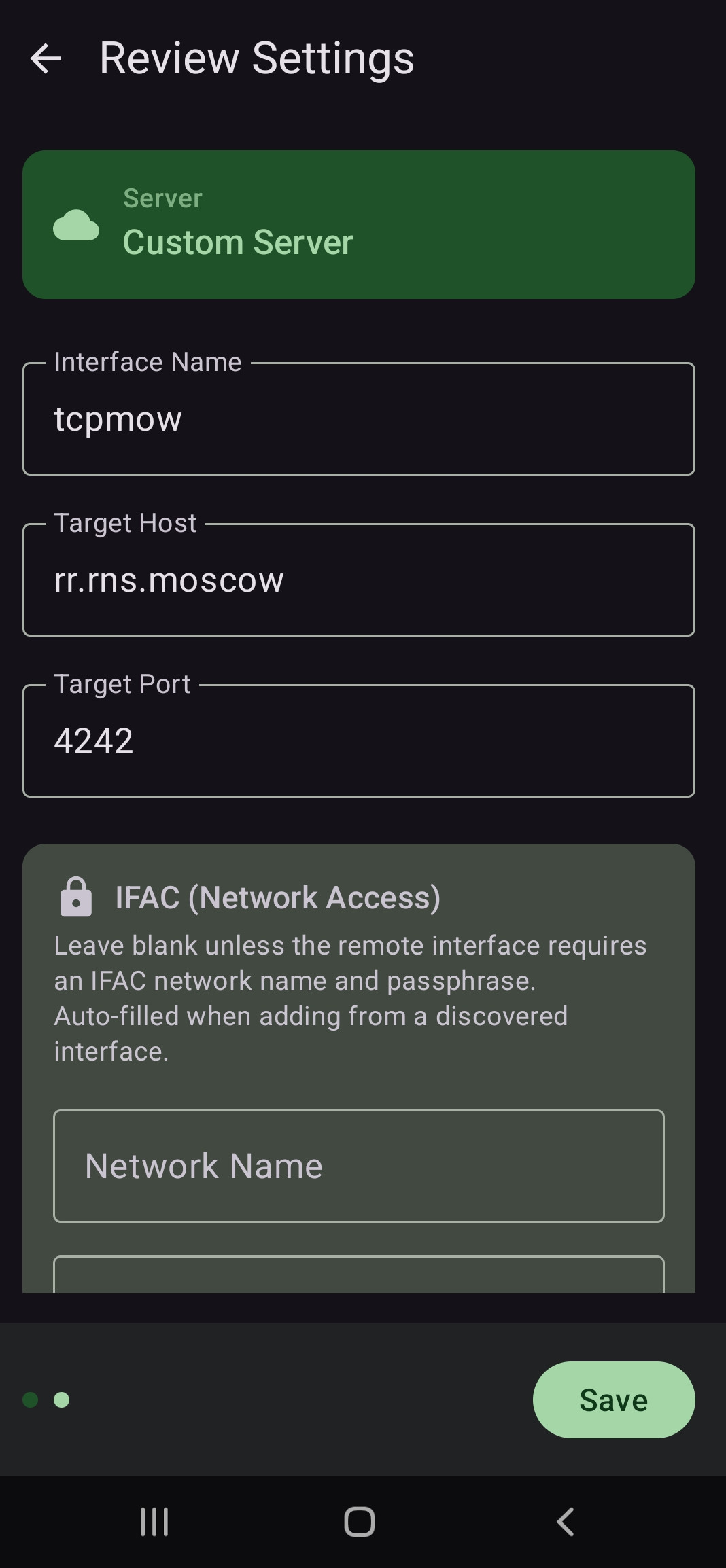 Columba Review Settings screen — Custom Server with Interface Name tcpmow, Target Host rr.rns.moscow, Target Port 4242, IFAC left blank, and a Save button