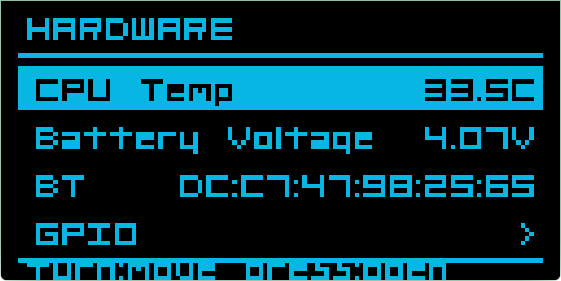 Hardware screen showing CPU temperature, battery voltage, Bluetooth MAC and a GPIO entry