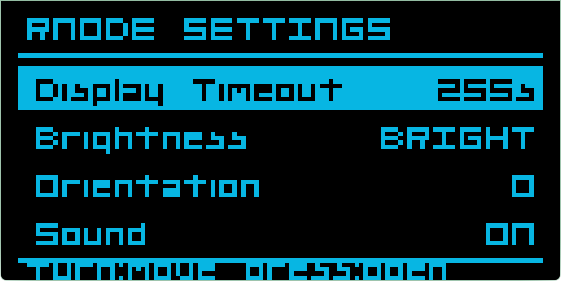 RNode settings menu — top-level list with Display Timeout selected