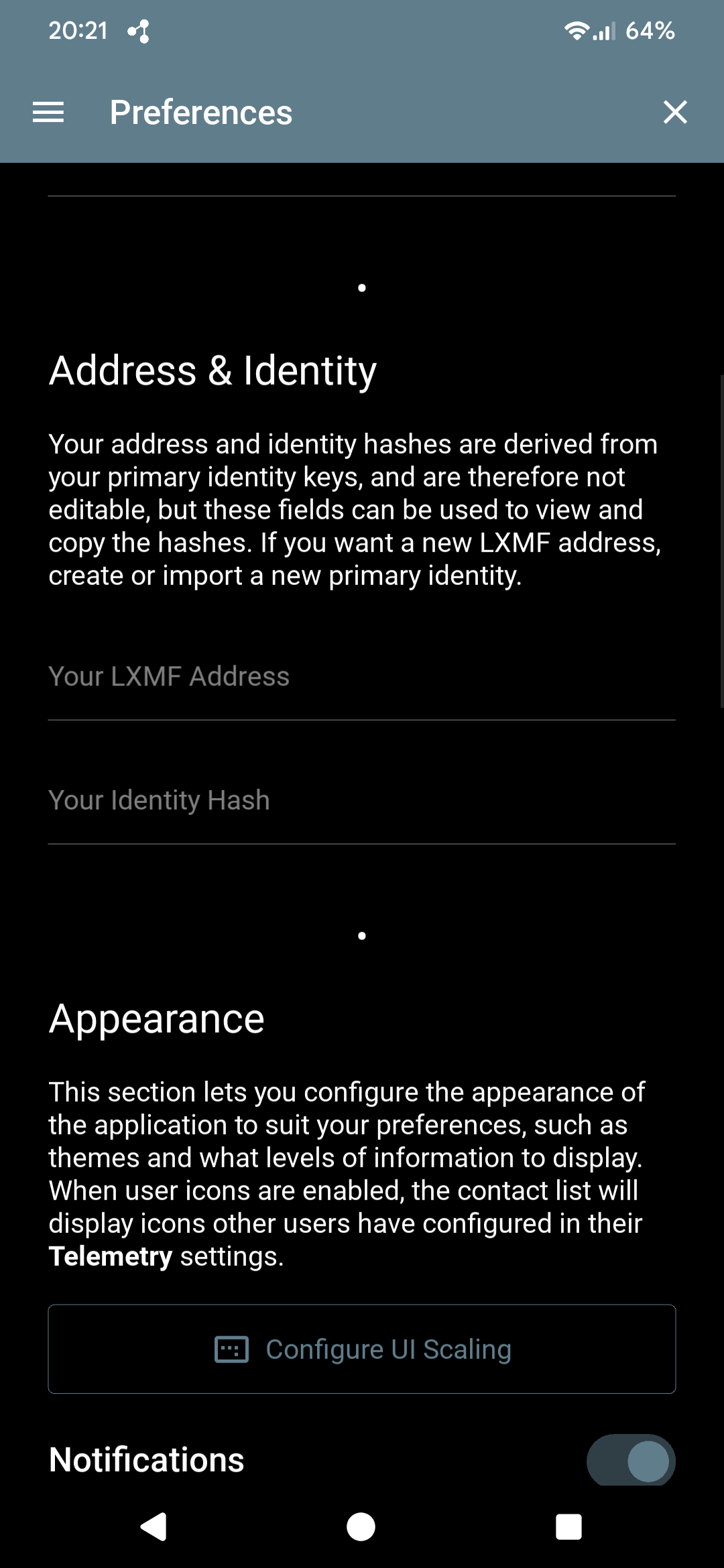 Sideband Preferences screen — Address and Identity section with LXMF Address and Identity Hash fields