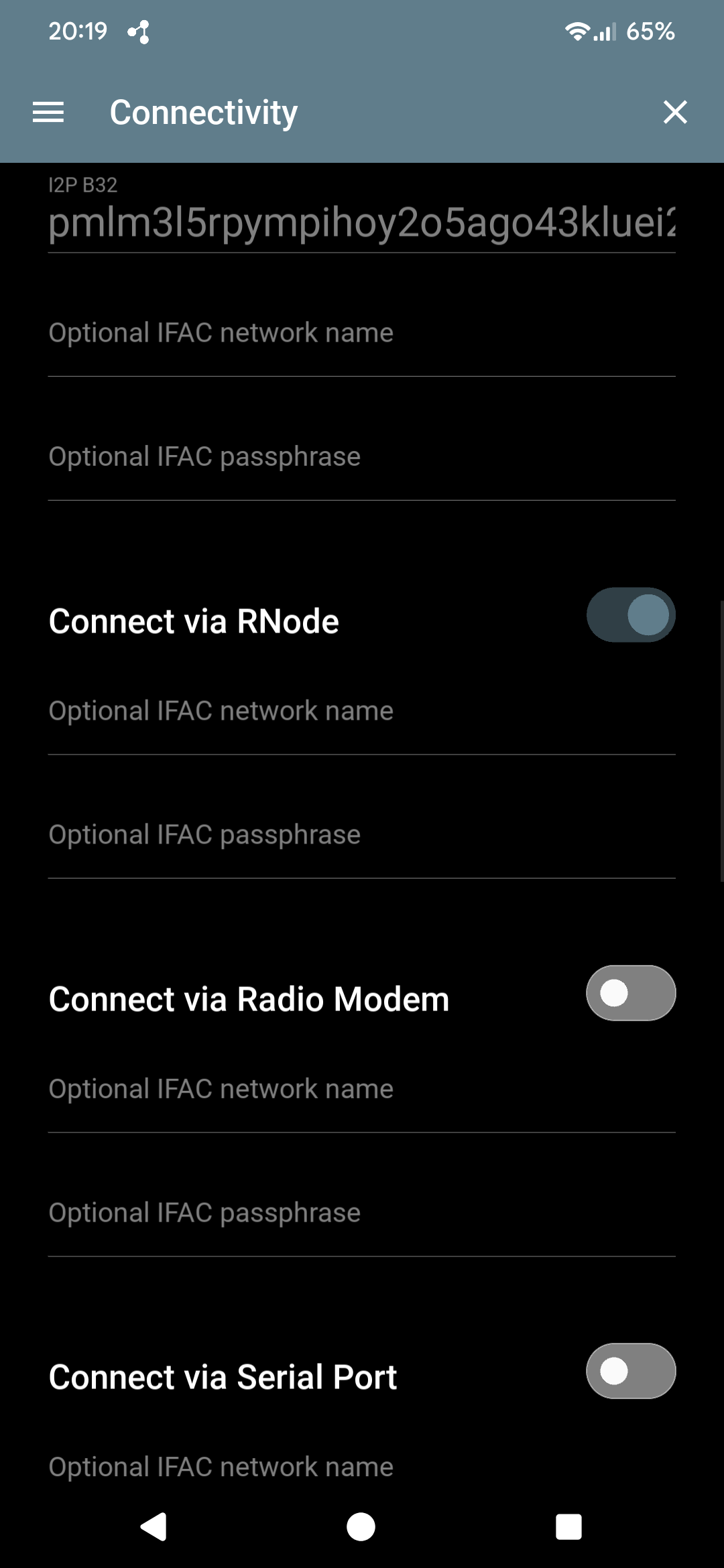 Sideband Connectivity screen — Connect via RNode, Radio Modem, and Serial Port options
