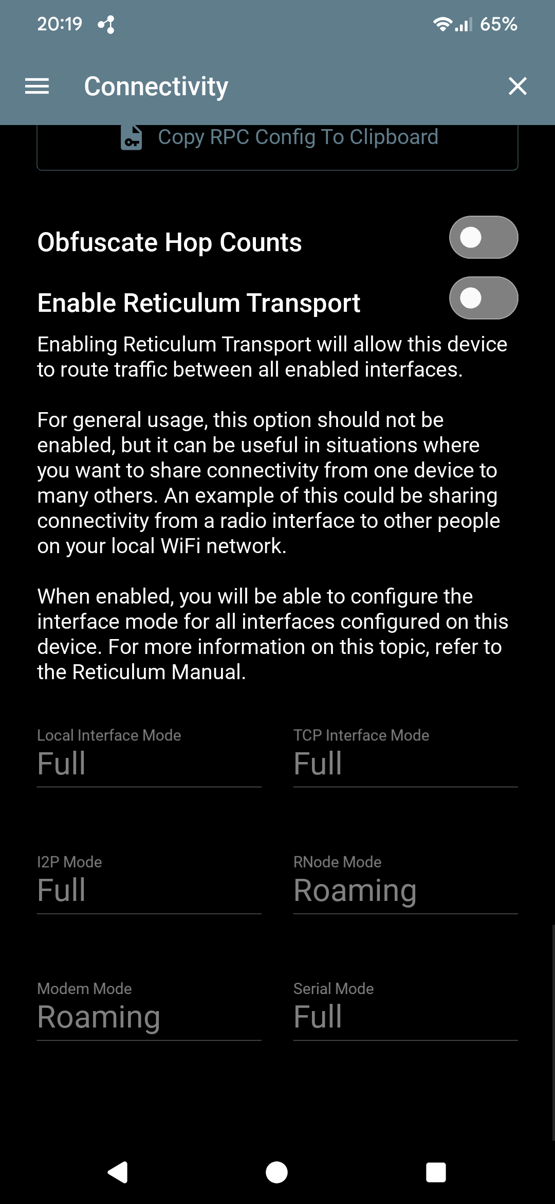 Sideband Connectivity screen — Enable Reticulum Transport toggle and per-interface mode settings