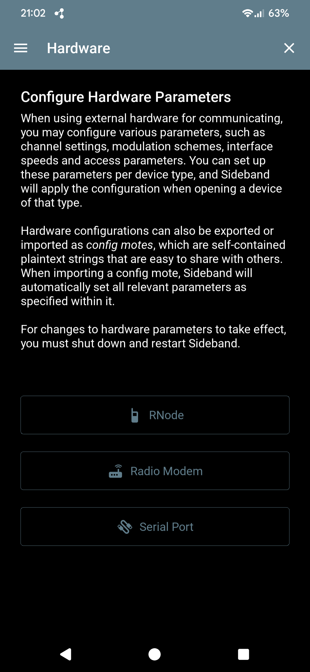 Sideband Preferences screen — Configure Hardware Parameters, with RNode, Radio Modem, and Serial Port device types listed