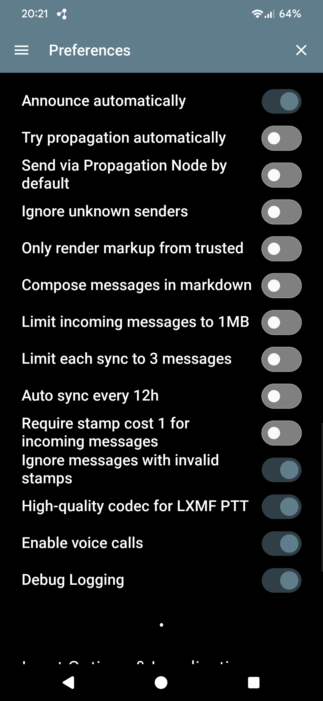 Sideband Preferences screen — list of behavior toggles including propagation, spam, and voice call settings