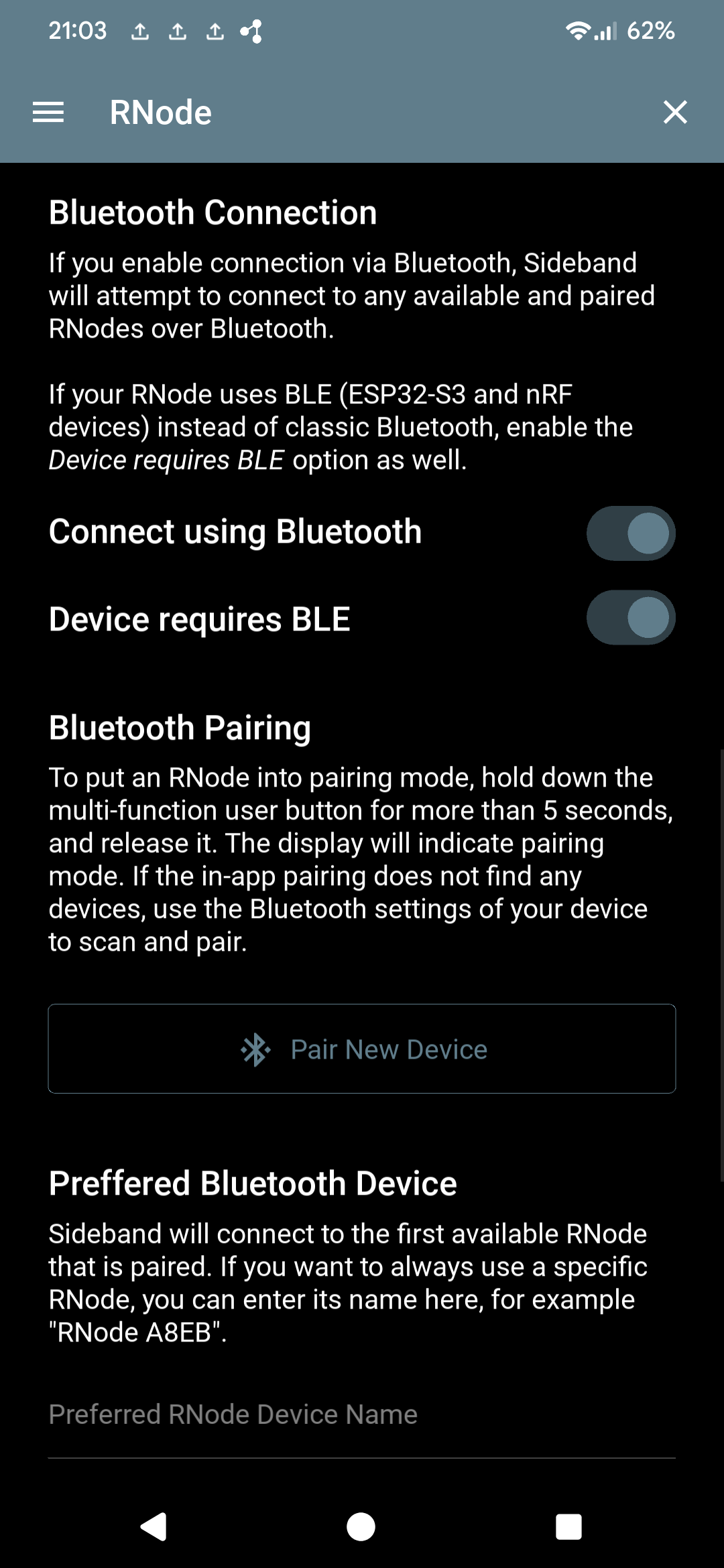 Sideband RNode screen — Bluetooth Connection with Connect using Bluetooth and Device requires BLE toggles, and start of Bluetooth Pairing