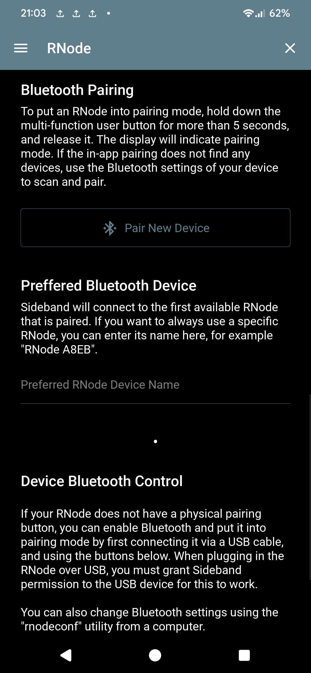 Sideband RNode screen — Bluetooth Pairing instructions, Pair New Device button, and Preferred Bluetooth Device field