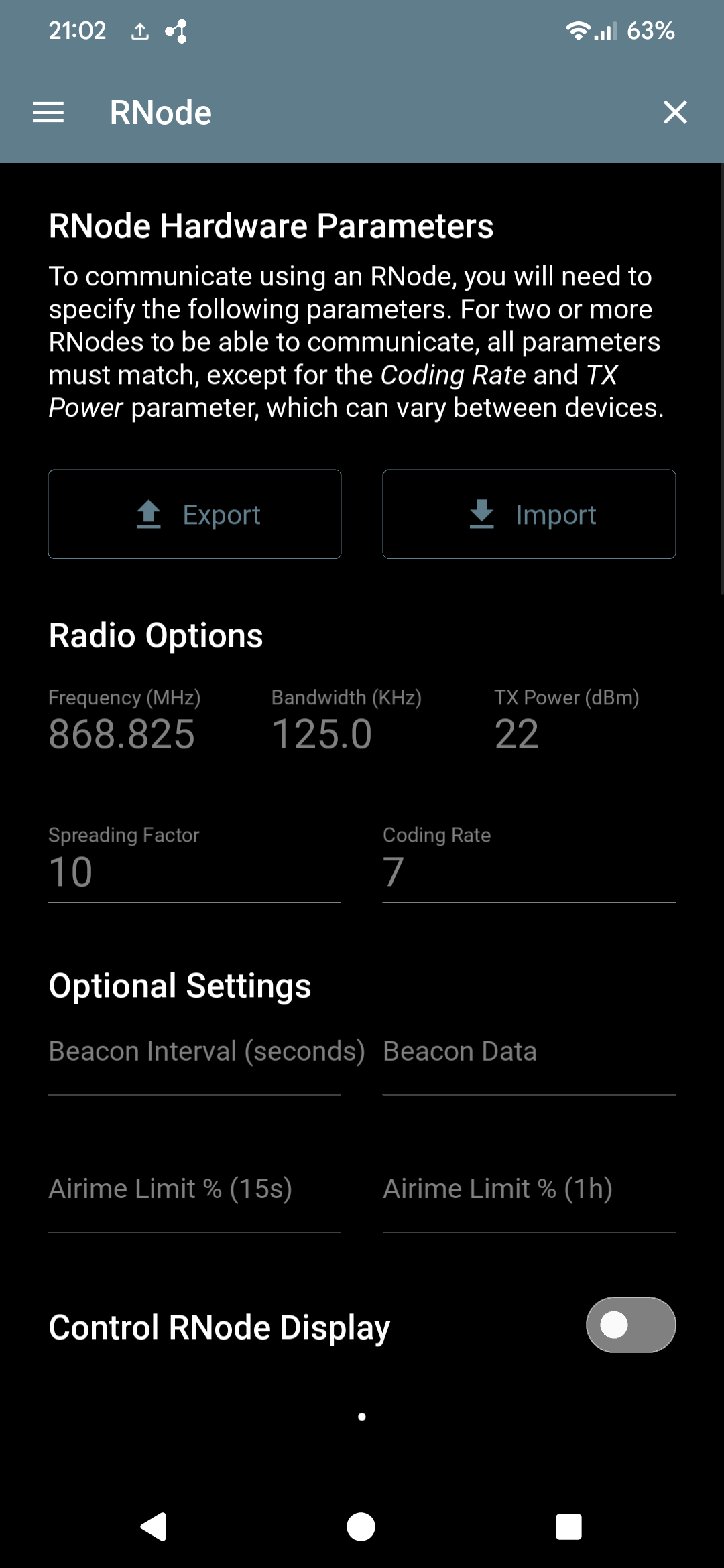 Sideband RNode Hardware Parameters screen — Frequency, Bandwidth, TX Power, Spreading Factor, Coding Rate, Beacon, and Airtime Limit settings