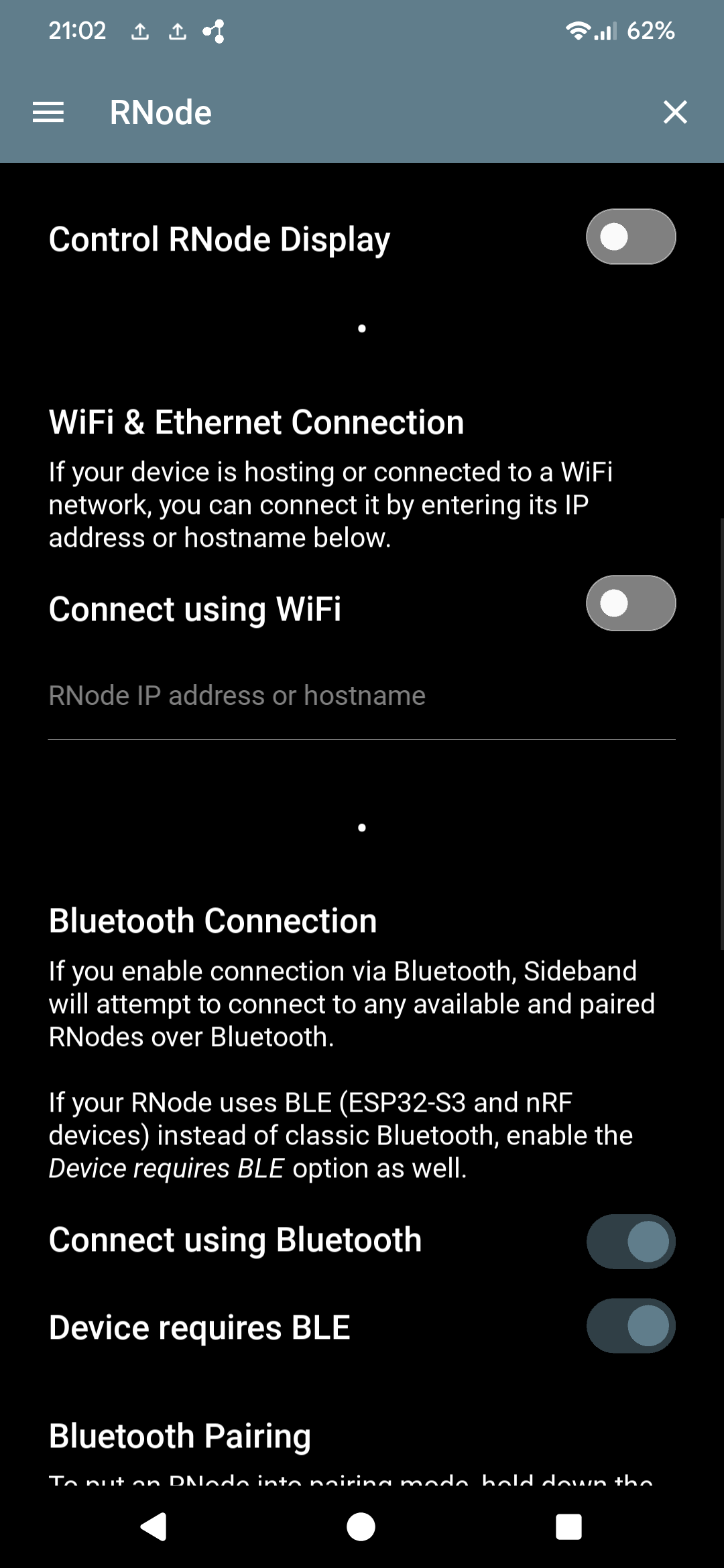 Sideband RNode screen — Control RNode Display, WiFi and Ethernet Connection, and start of Bluetooth Connection