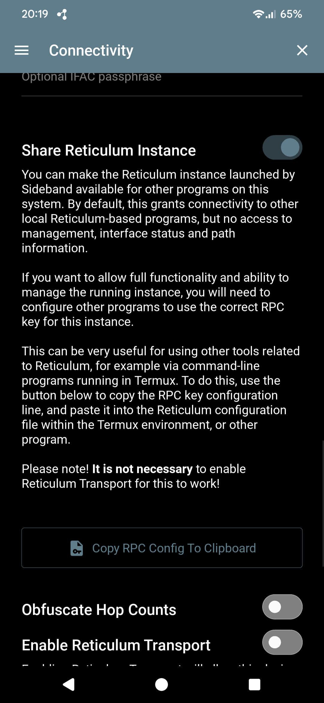 Sideband Connectivity screen — Share Reticulum Instance enabled, with Copy RPC Config To Clipboard button