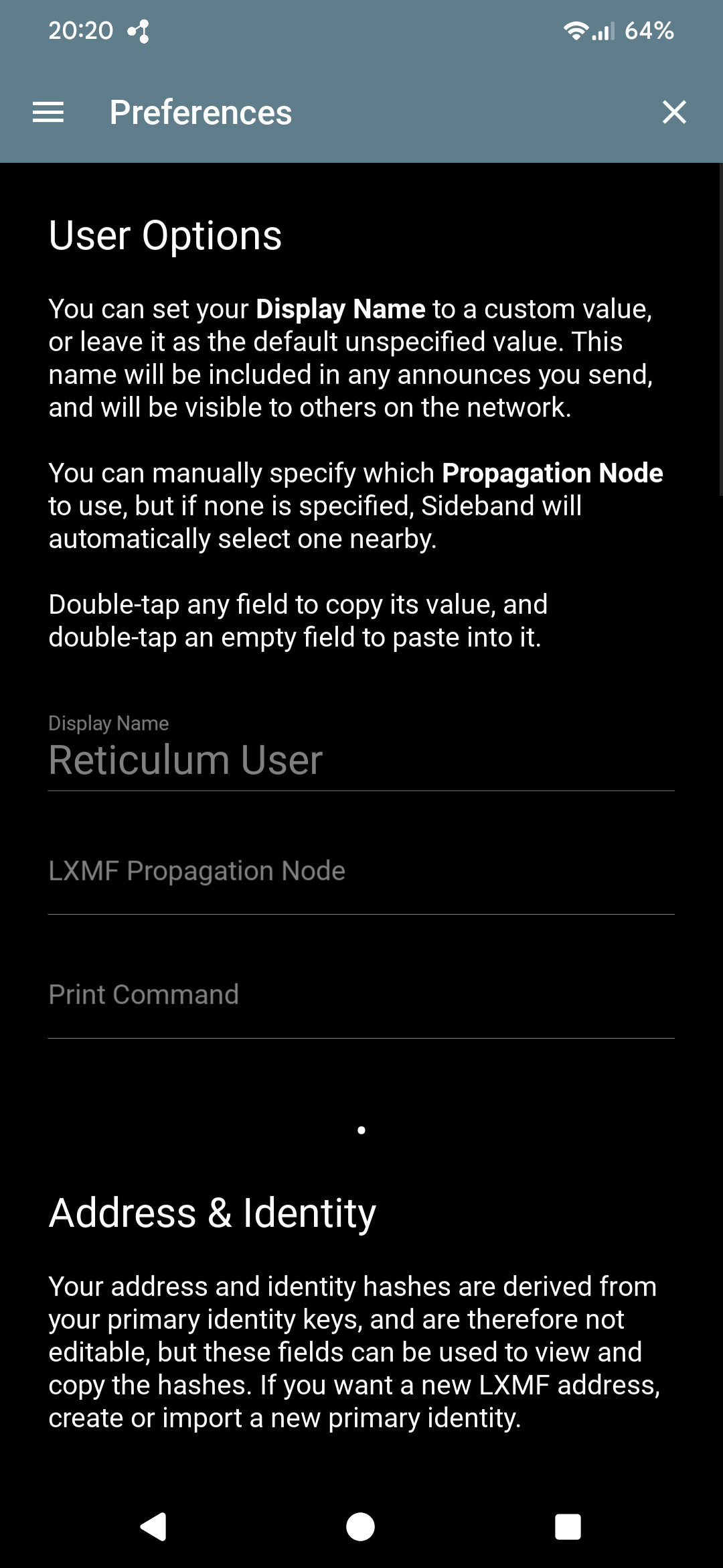 Sideband Preferences screen — User Options section with Display Name, LXMF Propagation Node, and Print Command fields